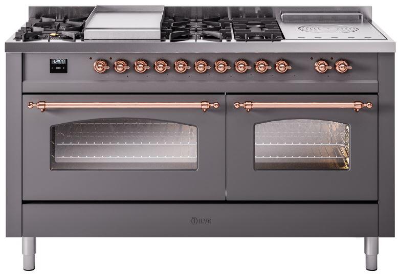 LVE Nostalgie II 60" Dual Fuel Liquid Propane Range, Matte Graphite, Copper Trim UP60FSNMPMGPLP
