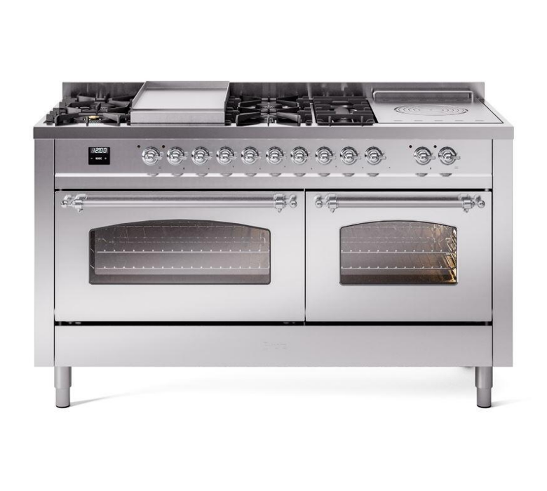 ILVE Nostalgie II 60" Dual Fuel Natural Gas Range, Stainless Steel, Chrome Trim UP60FSNMPSSC