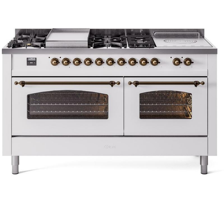 ILVE Nostalgie II 60" Dual Fuel Natural Gas Range, White, Bronze Trim UP60FSNMPWHB