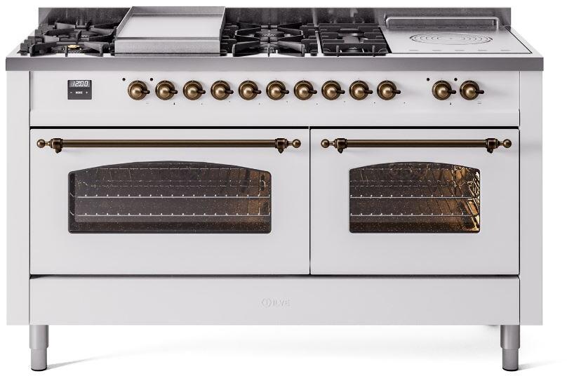 ILVE Nostalgie II 60" Dual Fuel Natural Gas Range, White, Bronze Trim UP60FSNMPWHB