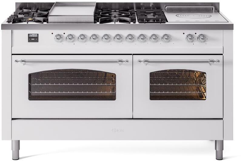 ILVE Nostalgie II 60" Dual Fuel Natural Gas Range, White, Chrome Trim UP60FSNMPWHC