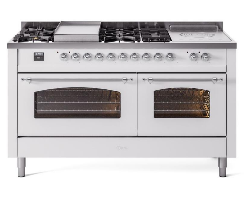 ILVE Nostalgie II 60" Dual Fuel Natural Gas Range, White, Chrome Trim UP60FSNMPWHC