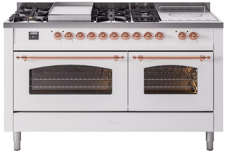 ILVE Nostalgie II 60" Dual Fuel Natural Gas Range, White, Copper Trim UP60FSNMPWHP