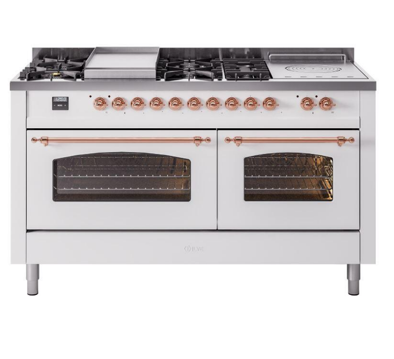 ILVE Nostalgie II 60" Dual Fuel Natural Gas Range, White, Copper Trim UP60FSNMPWHP