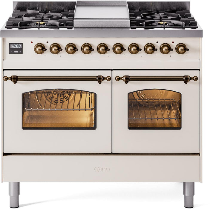ILVE Nostalgie II 40" Dual Fuel Liquid Propane Range, Antique White, Bronze Trim UPD40FNMPAWBLP