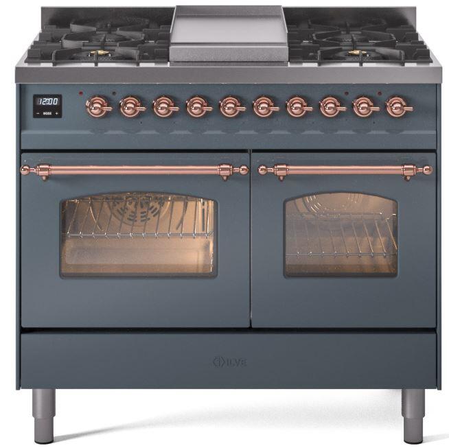 ILVE Nostalgie II 40 " Dual Fuel Natural Gas Range, Blue Grey, Copper Trim, UPD40FNMPBGP