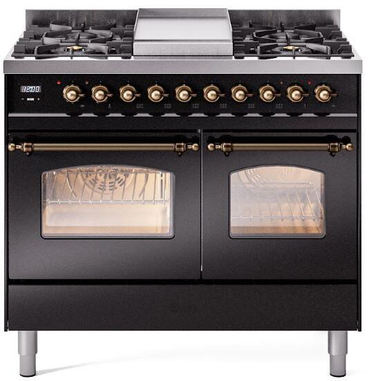 ILVE Nostalgie II 40" Dual Fuel Liquid Propane Range, Glossy Black, Bronze Trim UPD40FNMPBKBLP