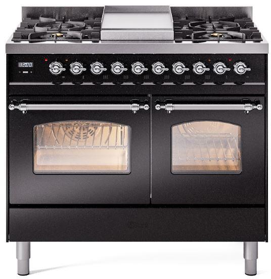 ILVE Nostalgie II 40" Dual Fuel Liquid Propane Range, Glossy Black, Chrome Trim UPD40FNMPBKCLP