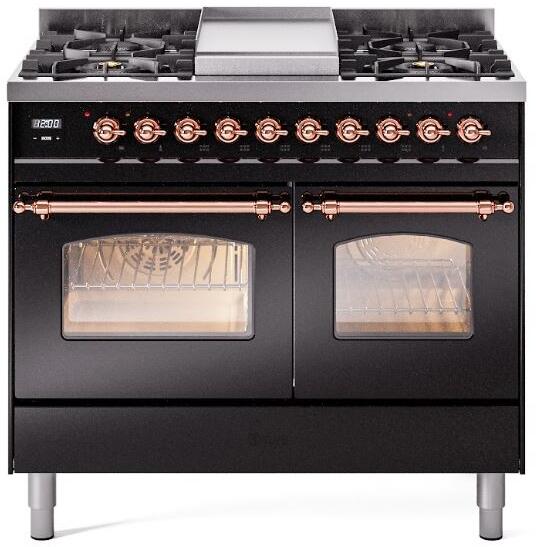 ILVE Nostalgie II 40" Dual Fuel Liquid Propane Range, Glossy Black, Copper Trim UPD40FNMPBKPLP