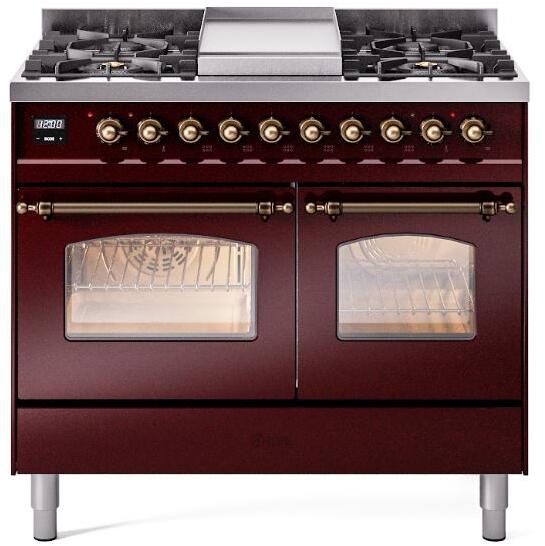 ILVE Nostalgie II 40" Dual Fuel Liquid Propane Range, Burgundy, Bronze Trim UPD40FNMPBUBLP