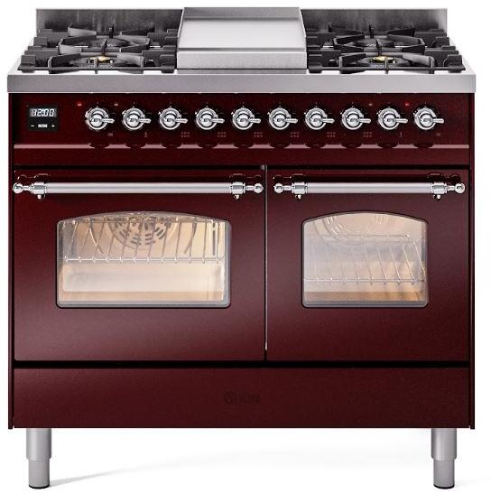 ILVE Nostalgie II 40" Dual Fuel Liquid Propane Range, Burgundy, Chrome Trim UPD40FNMPBUCLP
