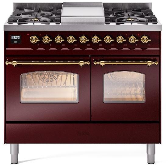 ILVE Nostalgie II 40" Dual Fuel Liquid Propane Range, Burgundy, Brass Trim UPD40FNMPBUGLP