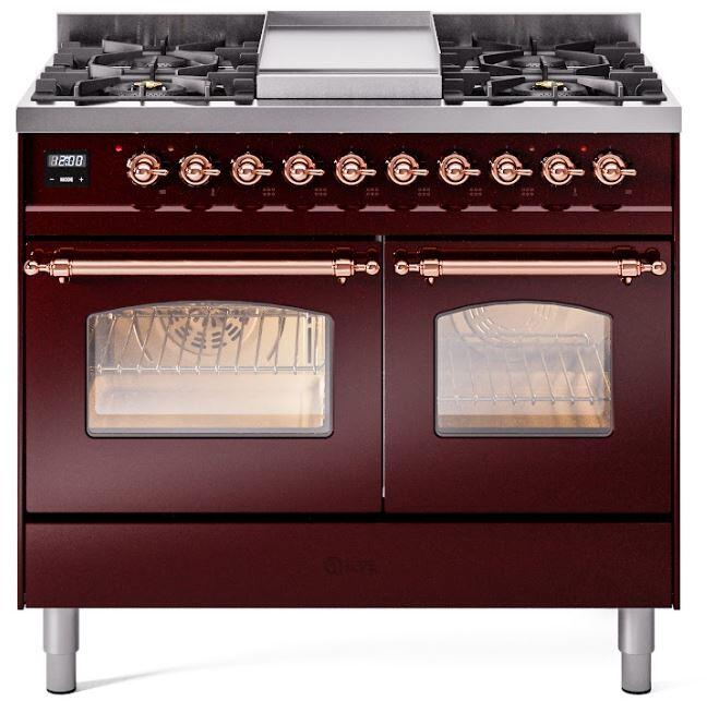 ILVE Nostalgie II 40" Dual Fuel Liquid Propane Range, Burgundy, Copper Trim UPD40FNMPBUPLP