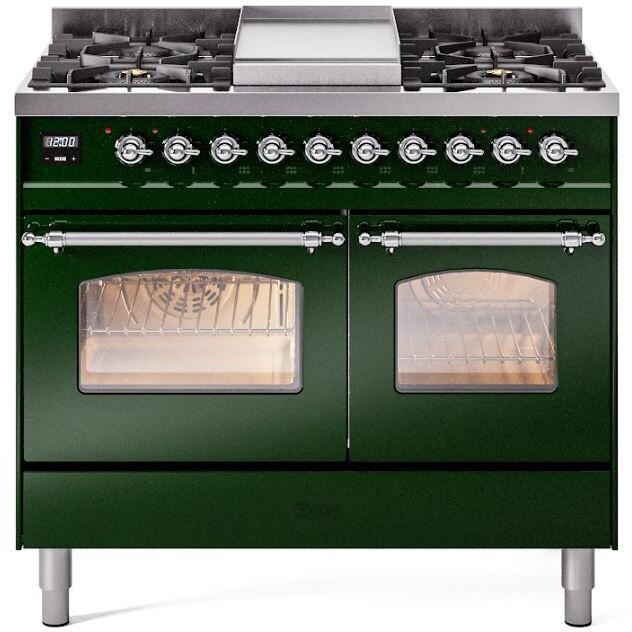 ILVE Nostalgie II 40" Dual Fuel Liquid Propane Range, Emerald Green, Chrome Trim UPD40FNMPEGCLP