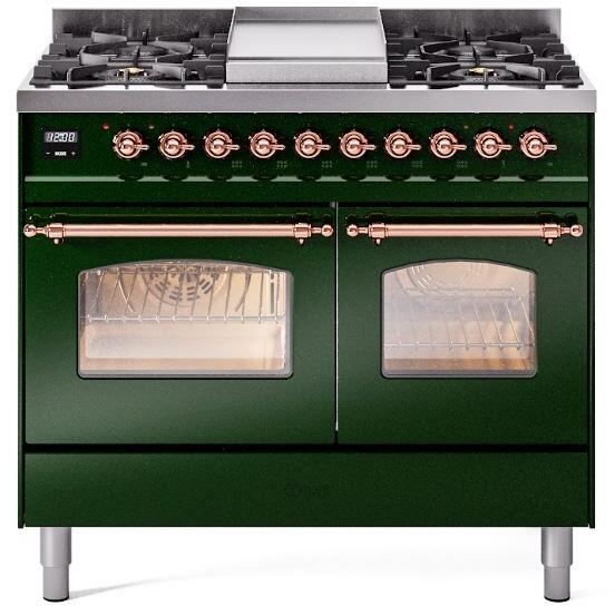 ILVE Nostalgie II 40" Dual Fuel Liquid Propane Range, Emerald Green, Copper Trim ILVE UPD40FNMPEGPLP