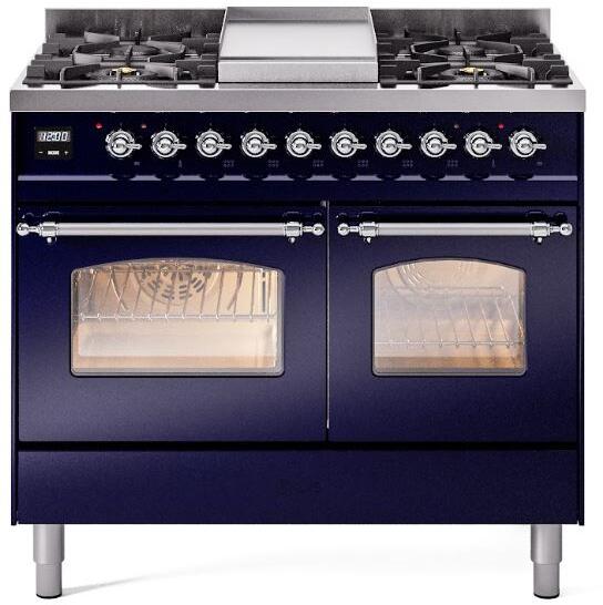 ILVE Nostalgie II 40" Dual Fuel Liquid Propane Range, Blue, Chrome Trim UPD40FNMPMBCLP