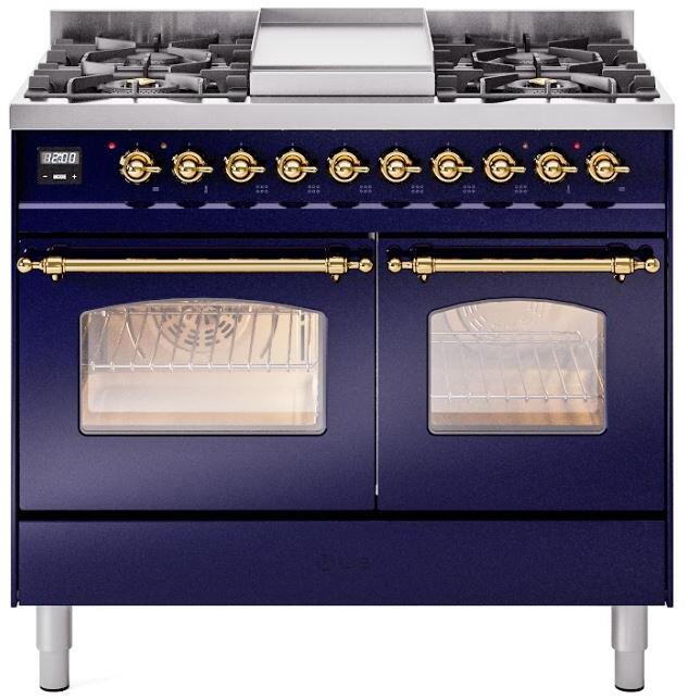 ILVE Nostalgie II 40" Dual Fuel Liquid Propane Range, Blue, Brass Trim UPD40FNMPMBGLP