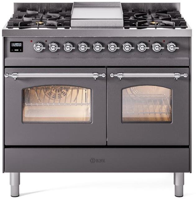 ILVE Nostalgie II 40" Dual Fuel Liquid Propane Range, Matte Graphite, Chrome Trim UPD40FNMPMGCLP