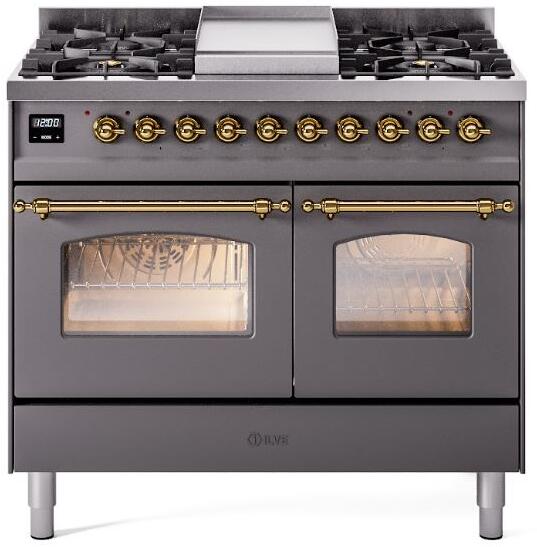 ILVE Nostalgie II 40" Dual Fuel Liquid Propane Range, Matte Graphite, Brass Trim UPD40FNMPMGGLP