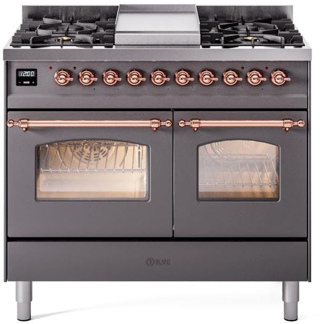ILVE Nostalgie II 40" Dual Fuel Liquid Propane Range, Matte Graphite, Copper Trim UPD40FNMPMGPLP