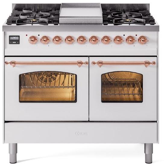 ILVE Nostalgie II 40" Dual Fuel Liquid Propane Range, White, Copper Trim UPD40FNMPWHPLP
