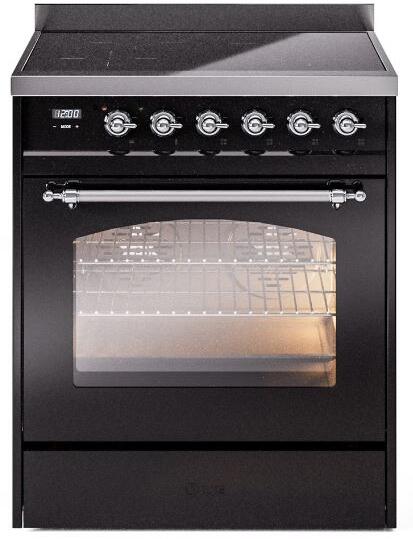 ILVE Nostalgie II 30" Electric Range, Glossy Black, Chrome Trim UPI304NMPBKC
