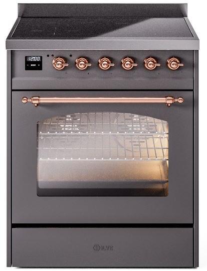 ILVE Nostalgie II 30" Electric Range, Matte Graphite, Copper Trim UPI304NMPMGP