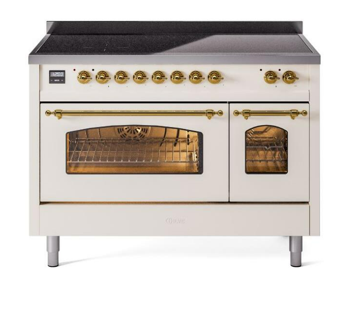 ILVE Nostalgie II 48" Electric Range, Antique White, Brass Trim UPI486NMPAWG