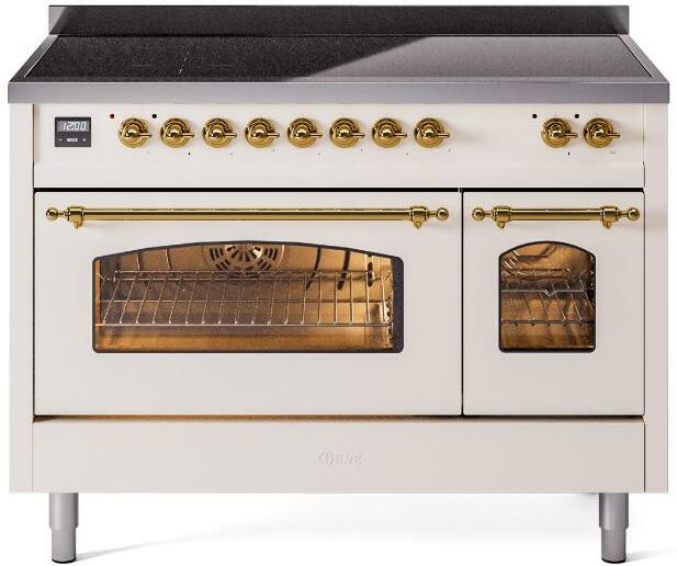 ILVE Nostalgie II 48" Electric Range, Antique White, Brass Trim UPI486NMPAWG