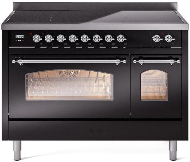 ILVE Nostalgie II 48" Electric Range, Glossy Black, Chrome Trim UPI486NMPBKC