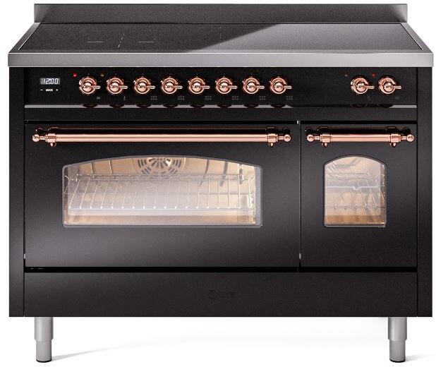 ILVE Nostalgie II 48" Electric Range, Glossy Black, Copper Trim UPI486NMPBKP