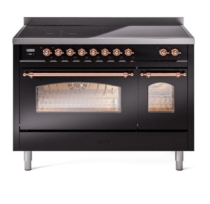 ILVE Nostalgie II 48" Electric Range, Glossy Black, Copper Trim UPI486NMPBKP
