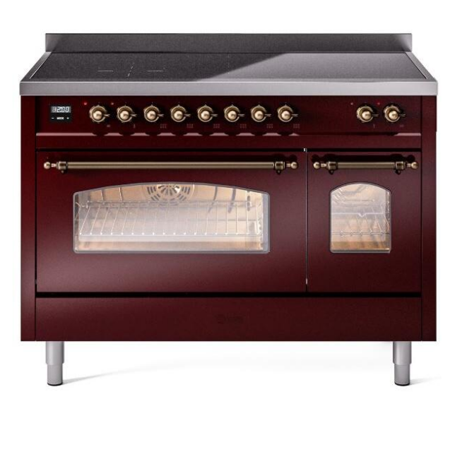ILVE Nostalgie II 48" Electric Range, Burgundy, Bronze Trim UPI486NMPBUB