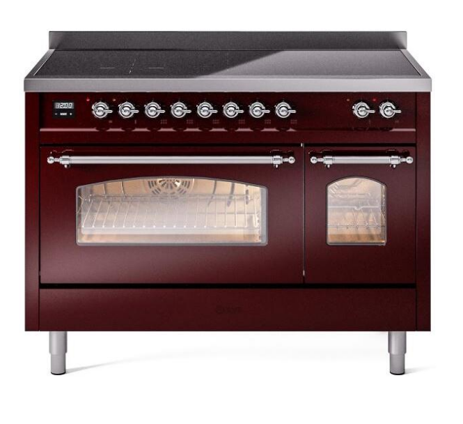 ILVE Nostalgie II 48" Electric Range, Burgundy, Chrome Trim UPI486NMPBUC
