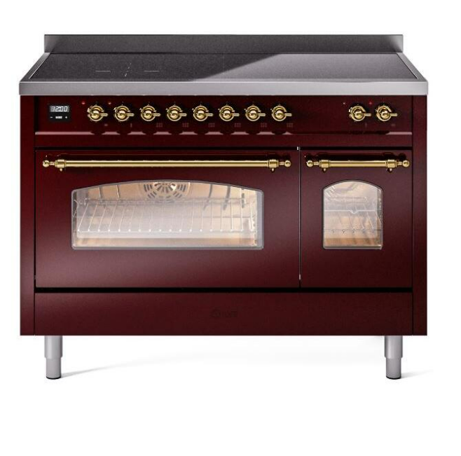 ILVE Nostalgie II 48" Electric Range, Burgundy, Brass Trim UPI486NMPBUG