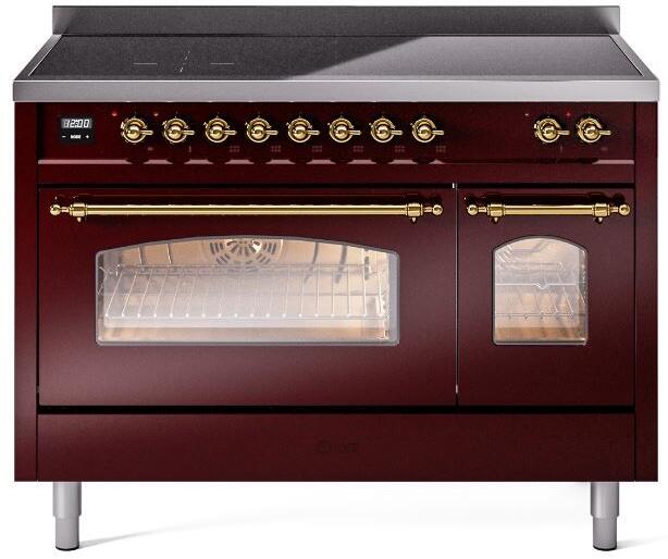 ILVE Nostalgie II 48" Electric Range, Burgundy, Brass Trim UPI486NMPBUG