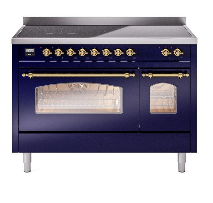 ILVE Nostalgie II 48" Electric Range, Blue, Brass Trim UPI486NMPMBG
