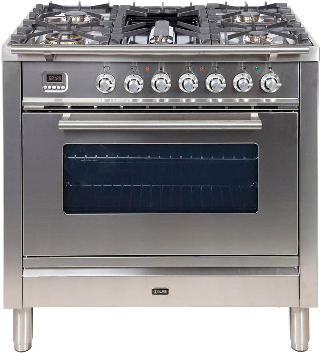 ILVE Professional Plus 36" Dual Fuel Liquid Propane Freestanding Range, Stainless Steel, Chrome Trim UPW90FDMPILP