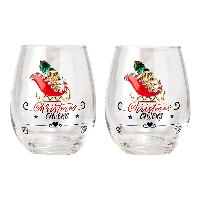 Crystal Christmas Santa's Sleigh Wine & Water Glasses - Set of 2, 17.5oz - Xmas Diamond Merry Christmas Santa Holiday Festive Theme Stemless Glass - New Year Holiday Gifts for Men Women Friend Family
