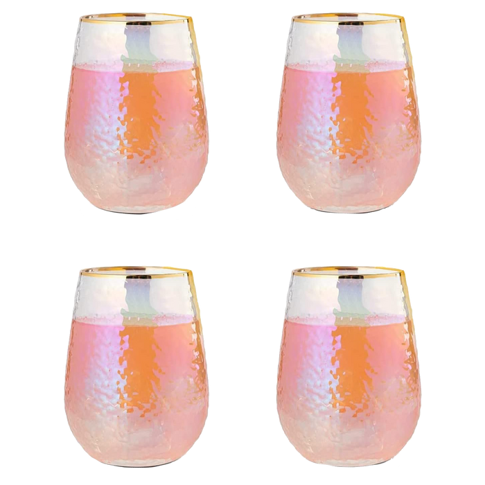 Festive Lustered Iridescent Stemless Wine & Water Glasses - Set of 4-100% Glass 15oz Mouthblown Colorful Glasses - Anniversaries, Birthday Gift, Cocktail Party Radiance - Water, Whiskey, Juice, Gift