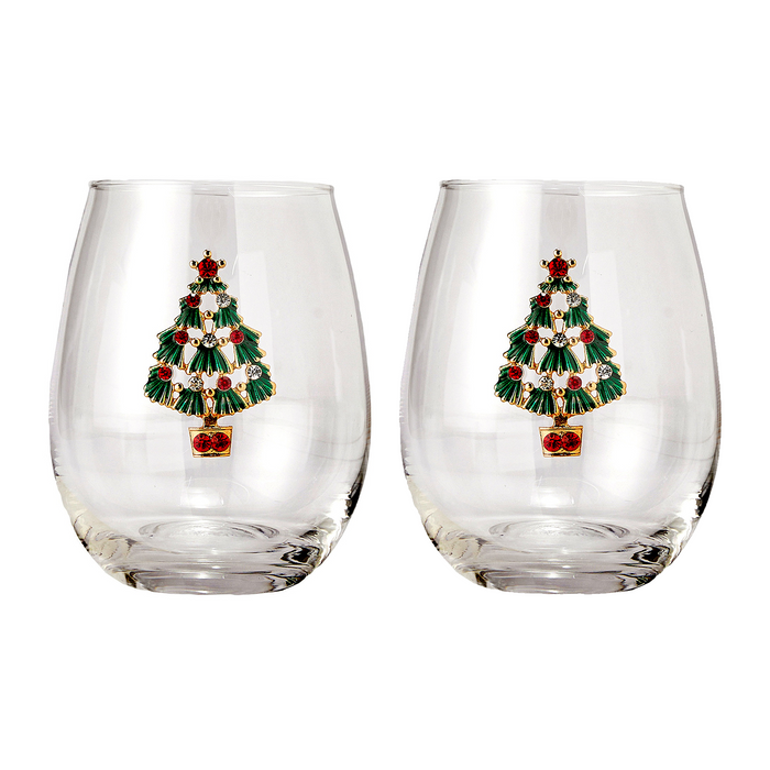 Stemless Christmas Tree Wine Glasses - Set of 2 - Christmas Cheer for Holiday Gift and Winter Season - 18 oz Stemless Decorated Tree Ornament Wine Tumblers for Holiday Season and Winter 4.7" H