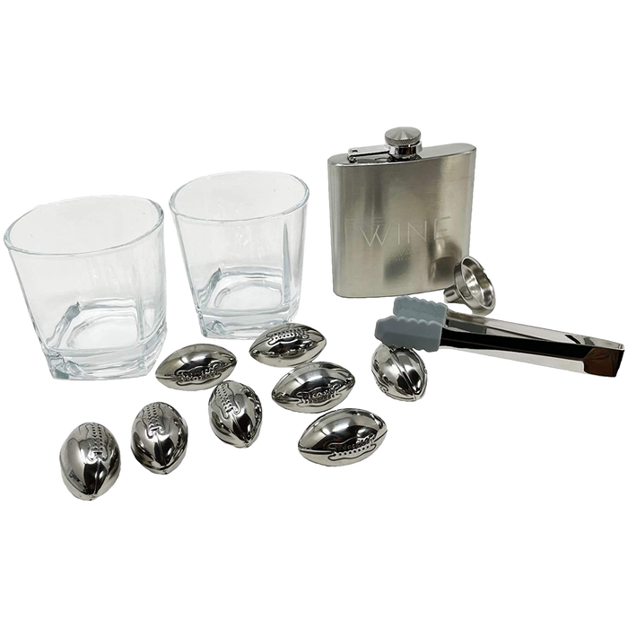 Whiskey Glasses And Football Chilling Stones Gift Set, 2 Whiskey Glasses, 8 Stainless Steel Whiskey Footballs, Coasters, Special Tongs & Freezer Pouch