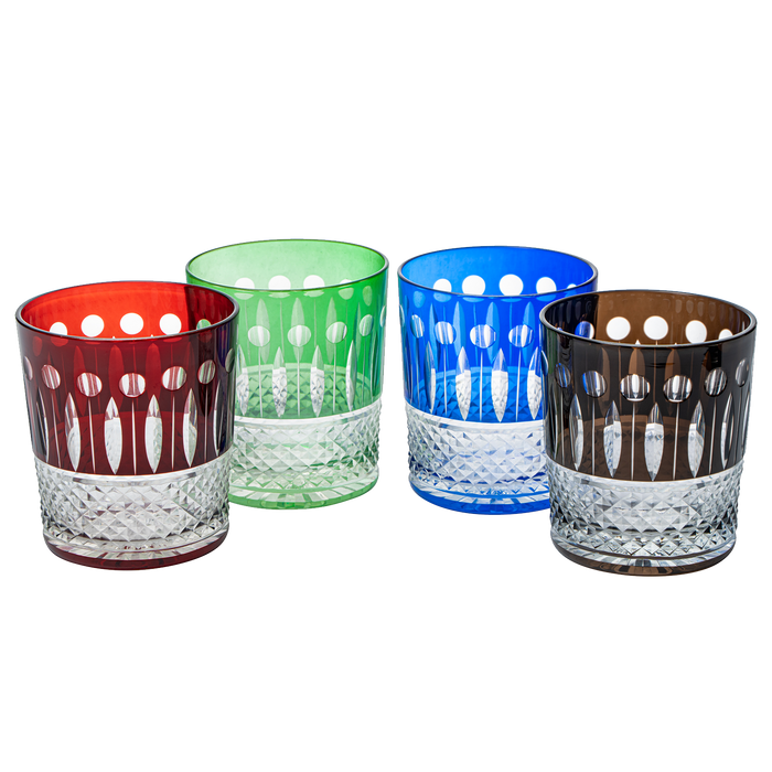 The Wine Savant Crystal Italian Multicolor Design Cups -Set of 4 Whiskey Glasses 8oz 3.5" H Bohemian Venetian Italian Style Red, Blue, Green, Black Glasses, for Dinner Parties, Bars & Weddings