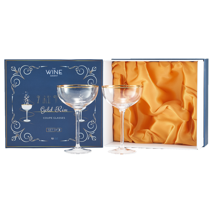 Vintage Crystal Champagne Coupe Gold Rim Glasses | Set of 2 | 7 oz, Gilded Rim Classic Cocktail Glassware - Martini, Manhattan, Cosmopolitan, Sidecar, Daiquiri | 1920s Style Saucer Goblets | Gift Box