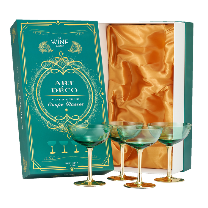 Colored Coupe Art Deco Glasses, Gold | Set of 4 | 8 oz (Green)