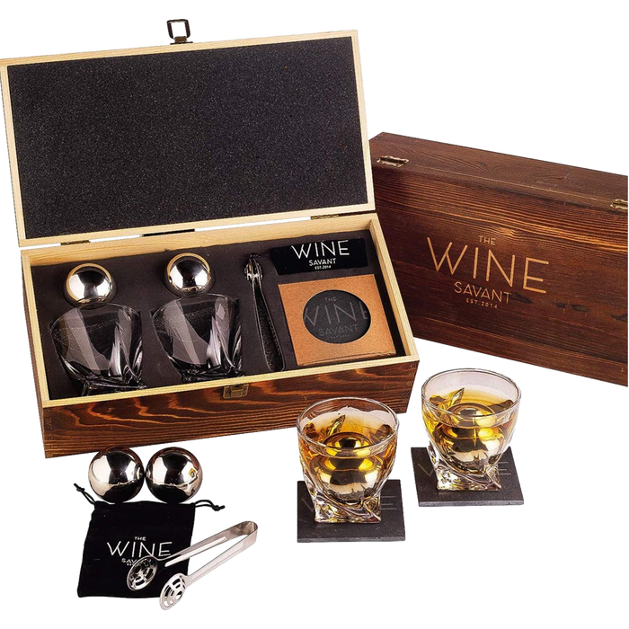 Luxurious Whiskey Stones & Glasses Gift Set - 2 XL Chilling Stainless Steel Whiskey Balls - 2x Crystal Whiskey Glasses, 2x Slate Stone Coasters, Freezer Pouch & Tongs - Set in Premium Pine Wood Box