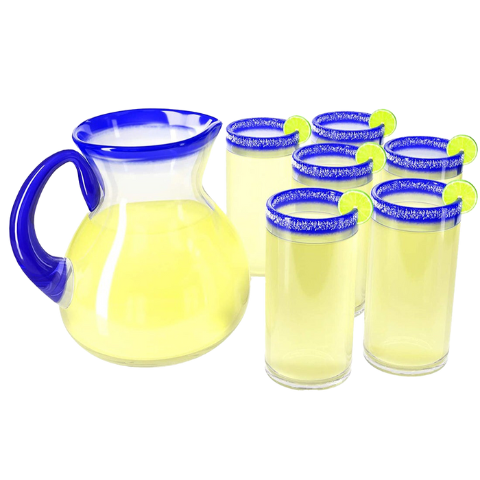 Hand Blown Blue Mexican Drinking Glasses and Pitcher – Set of 6 with Mexican Blue Rim Design (14 oz each) and Pitcher (84 Ounces) Mexico Cobalt Blue Carafe Designs Margarita and Lemonade