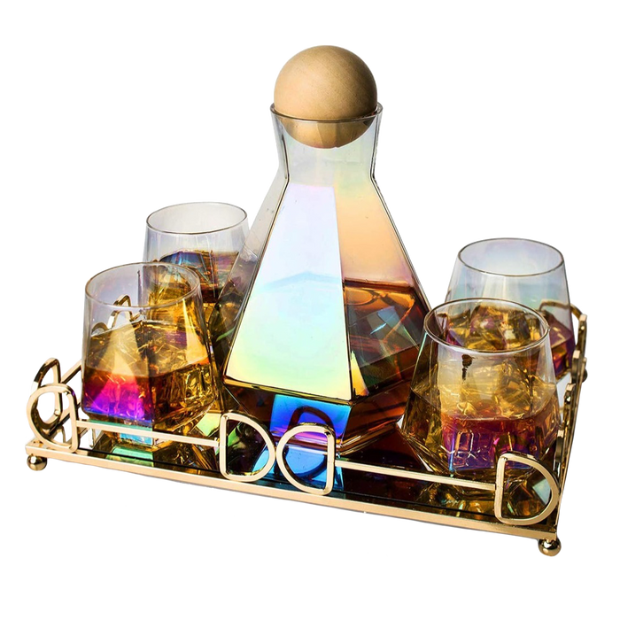 Diamond Iridescent Glass Diamond Decanter and Glasses Set, The Wine Savant Rainbow Iridescent Comes With A Diamond Decanter 4 Whiskey/Wine Diamond Glasses, 1 Tray and a Perfect Box