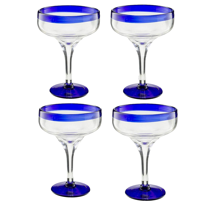 Mexican Hand Blown Glass – Set of 4 Large 16oz, Cobalt Blue Rim Line, Luxury Margarita & Cocktail Glasses, Mexico Design Large 16oz Cobalt Cinco de Mayo - The Wine Savant, Dishwasher Safe Glassware