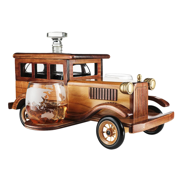 Old Fashioned Car Whiskey Decanter Set, Very Large 15" x 13" x 7" 750ml Decanter Spigot, and 2-10oz Whiskey Tumbler Old Fashion Glasses, Old Fashioned Vintage Car, Limited Edition, Great Bar Gift